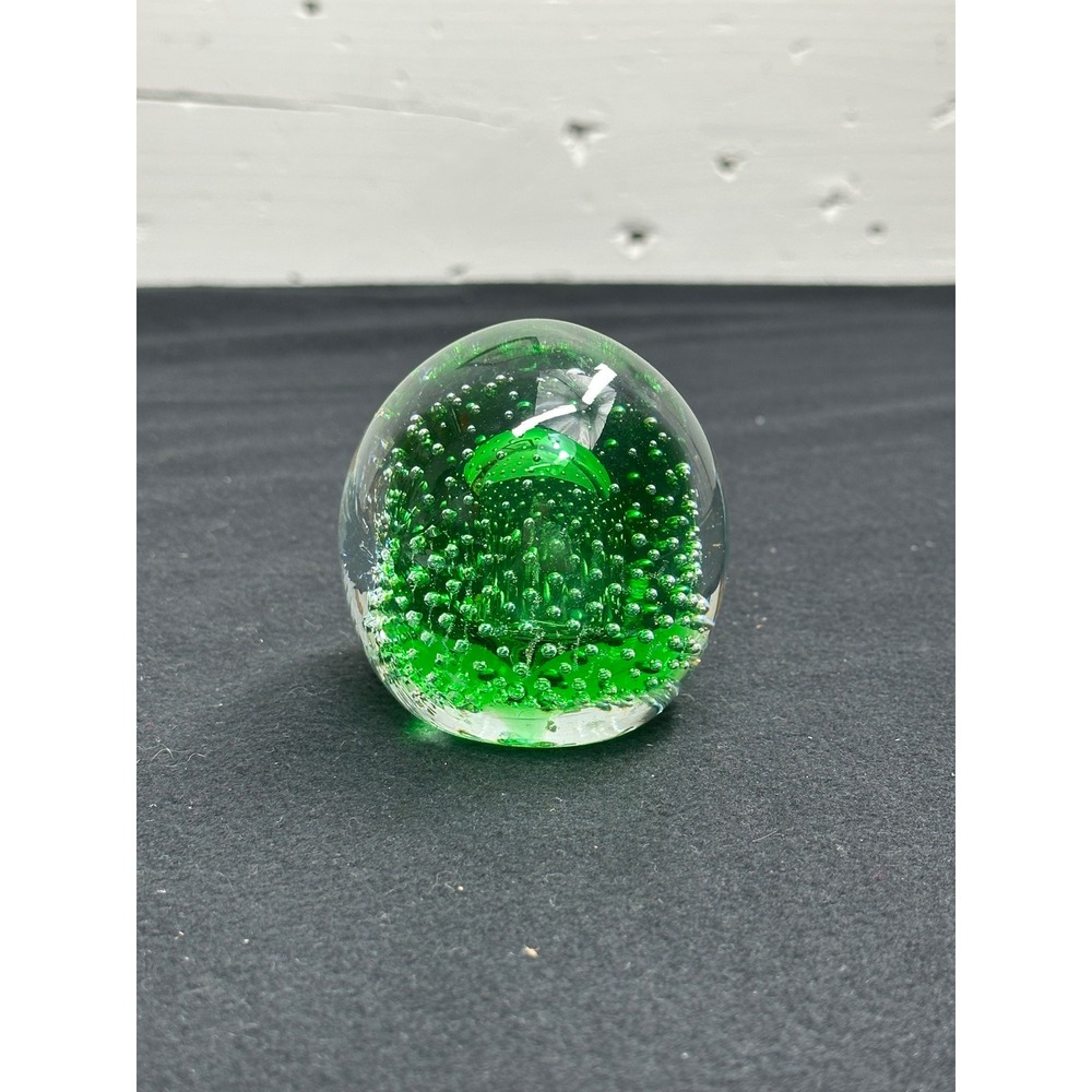 Green Controlled Bubble Art Glass Paperweight Emerald Green Glass Egg 3 Inch